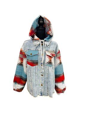 Southern Stitch Denim Aztec Southwest Western Hooded Jacket Frayed Hem Women XL